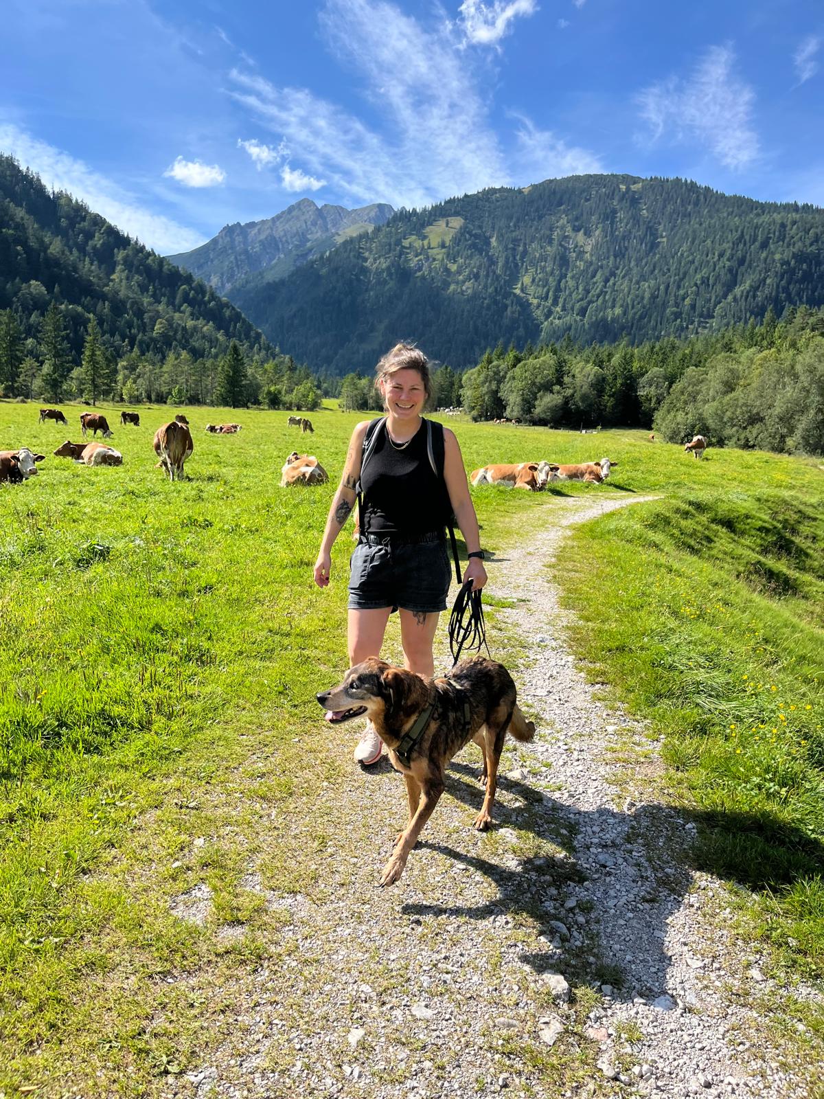 Anneke mit Hund in den Bergen und Kühen auf einer Wiese